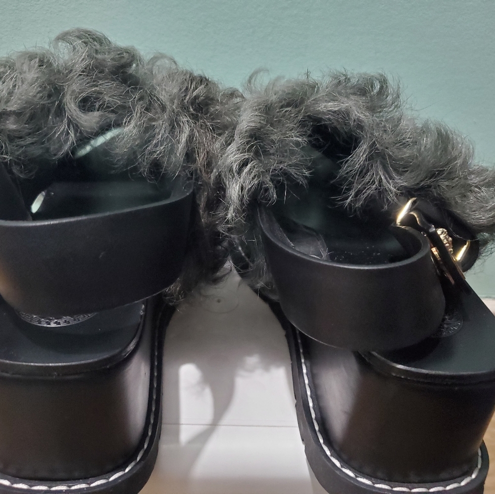 VERSACE Leather Fur Shearling Green Black Platform Clog Sandals Heels sz 41 - Picture 8 of 9